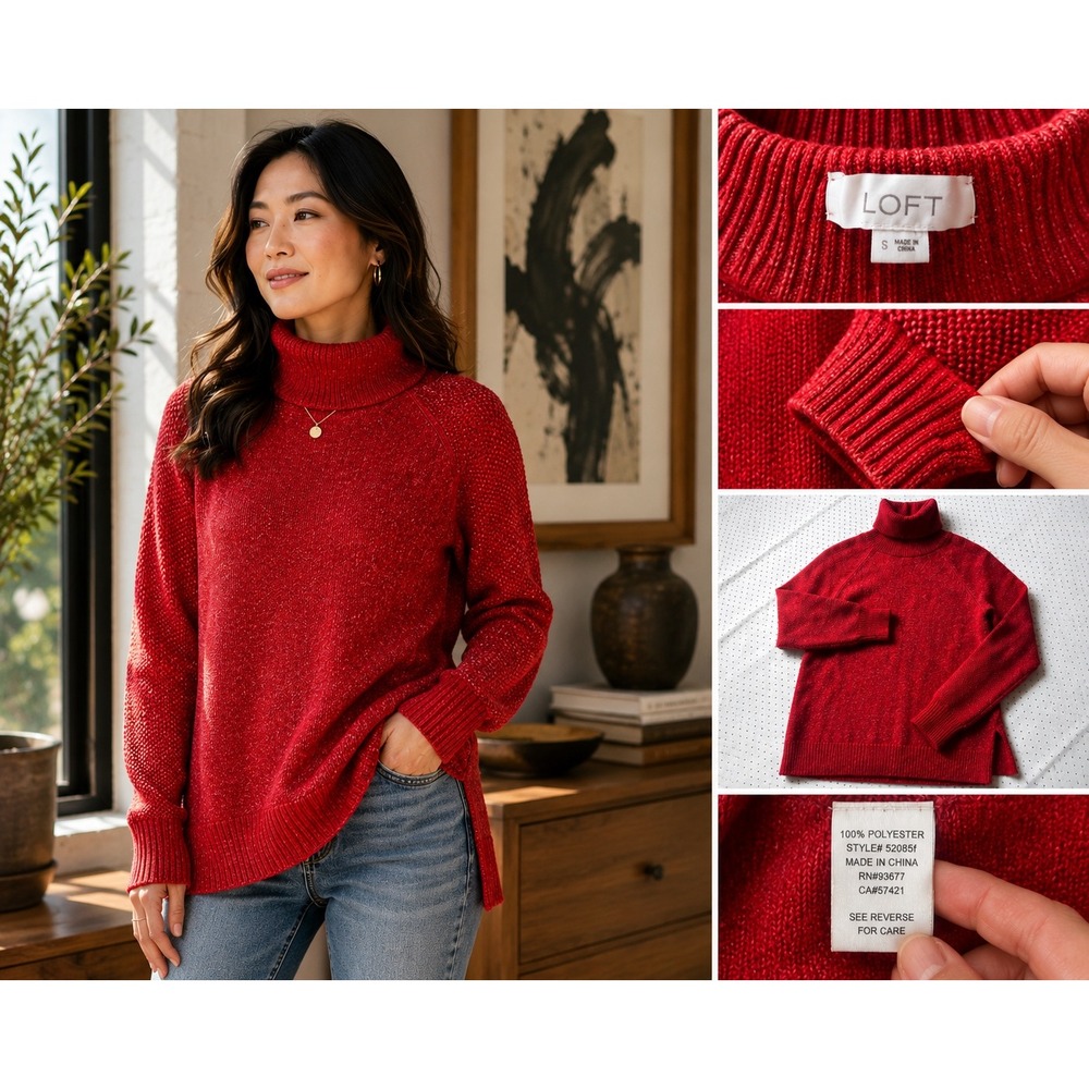 LOFT Red Marl Turtleneck Raglan Sleeve Sweater Side Slit 52085f Womens Small
